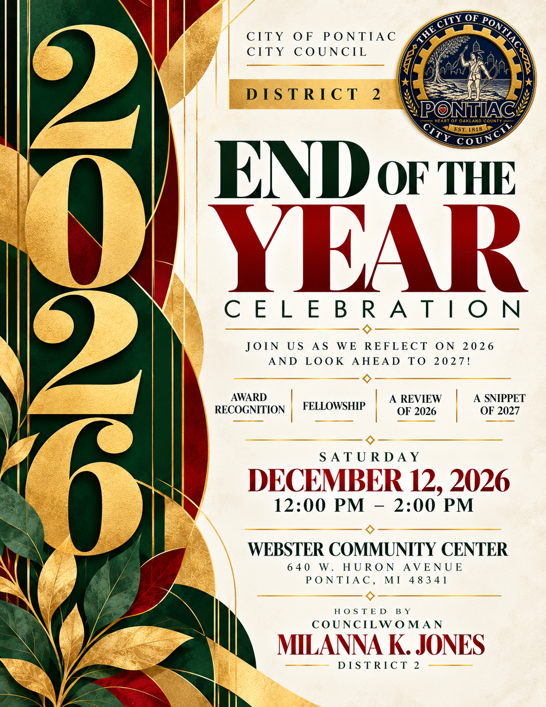District 2 2026 End of the Year Celebration flyer — Saturday, December 12, 2026, 12 to 2 PM at Webster Community Center, hosted by Councilwoman Milanna K. Jones