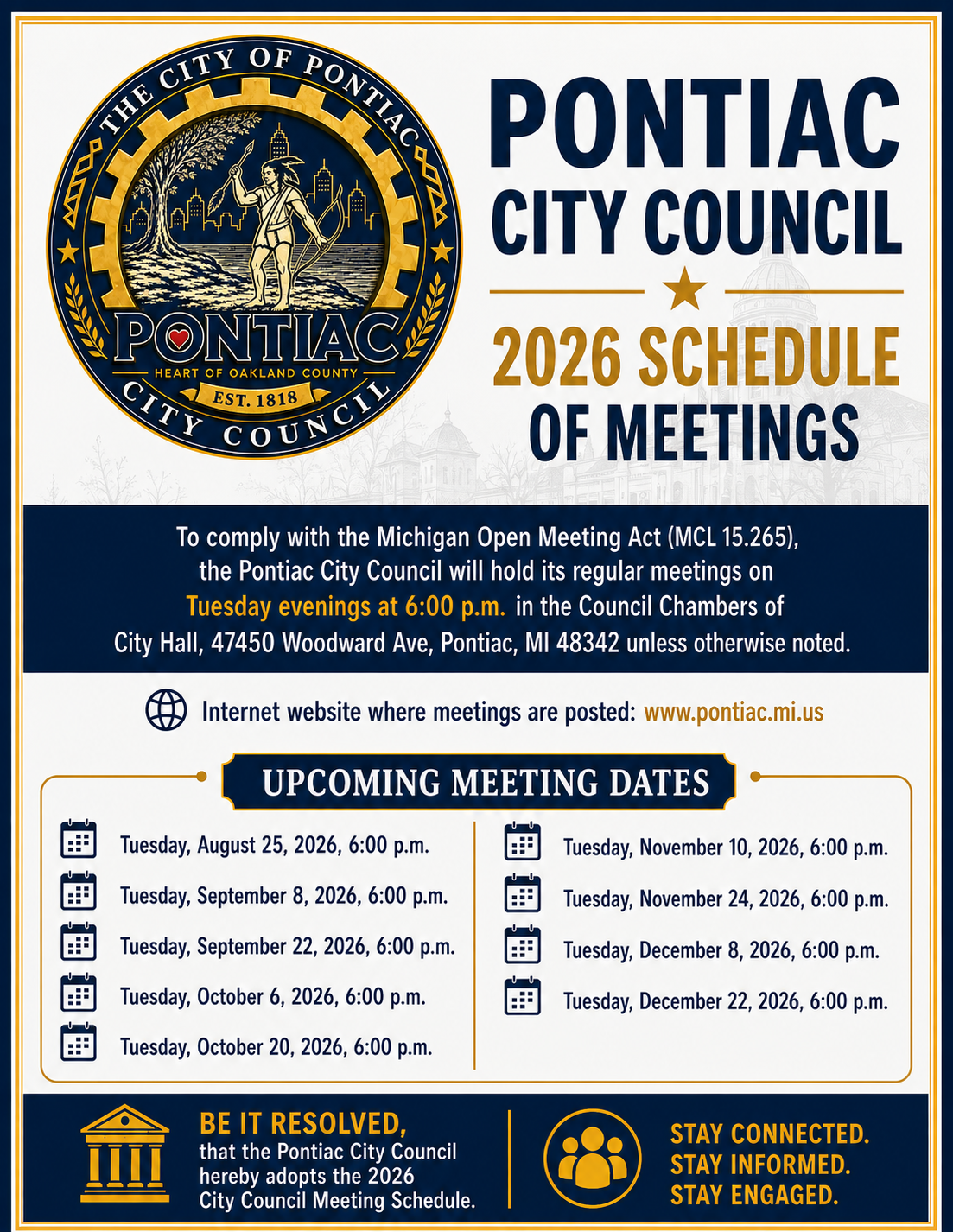 Pontiac City Council 2026 Schedule of Meetings flyer listing upcoming Tuesday 6:00 PM meeting dates