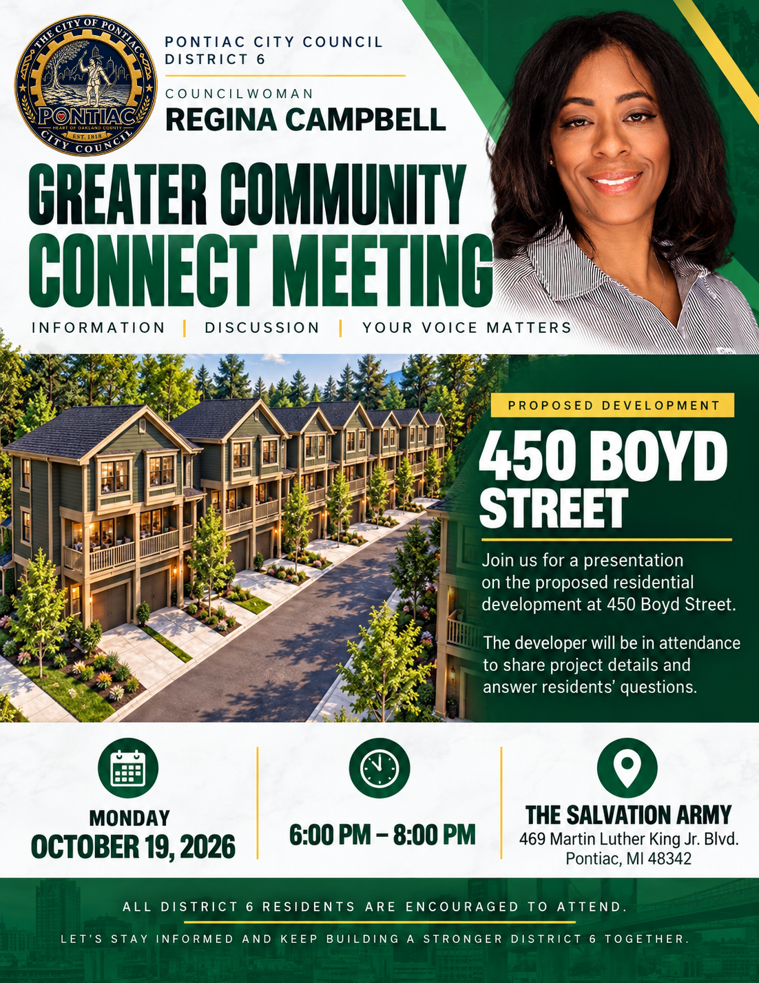 District 6 Greater Community Connect Meeting flyer about the proposed development at 450 Boyd Street