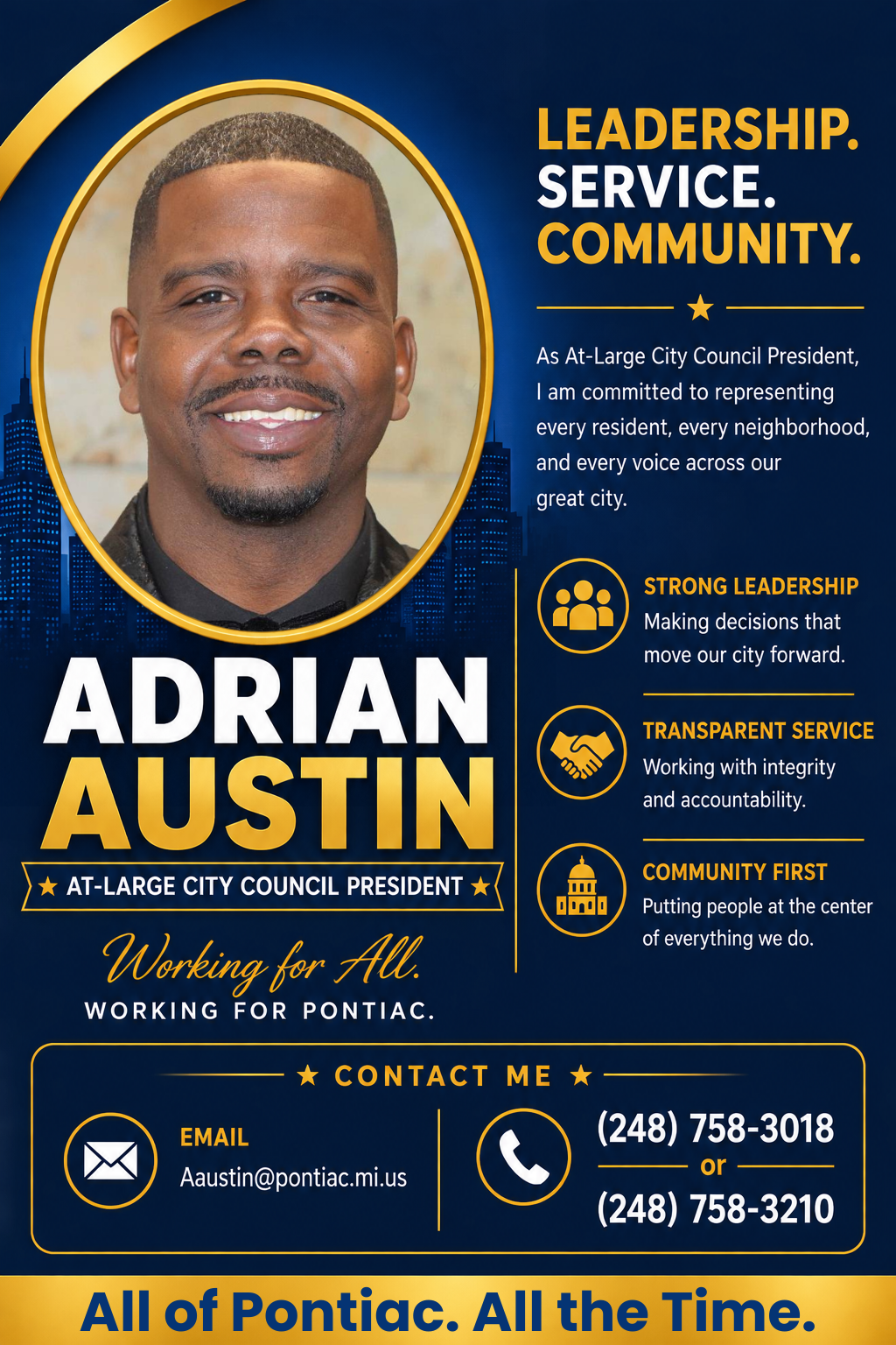 Informational flyer for Adrian Austin, City Council President