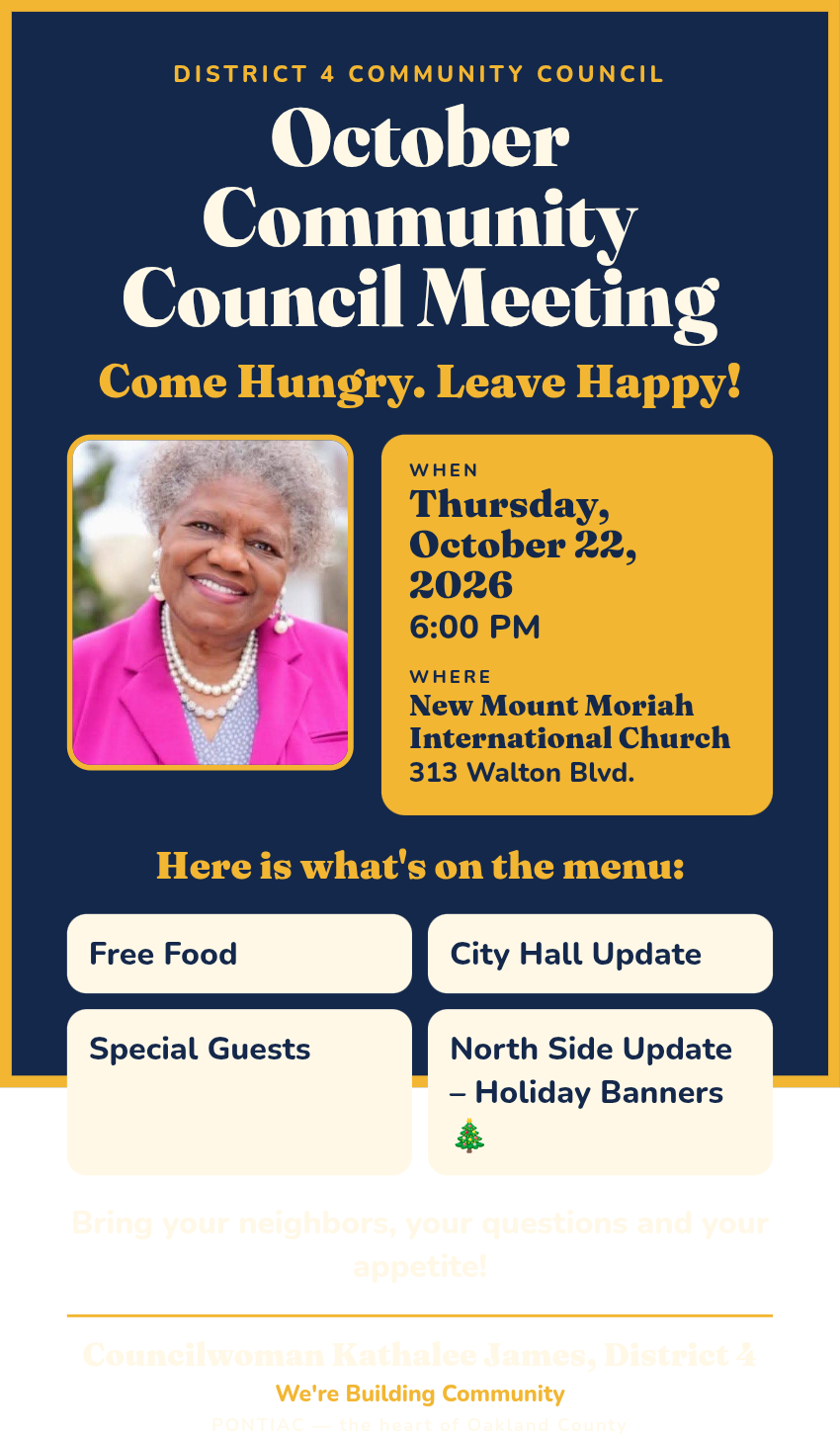 District 4 October Community Council Meeting flyer — Thursday, October 22, 2026, 6:00 PM at New Mount Moriah International Church, 313 Walton Blvd, with Councilwoman Kathalee James