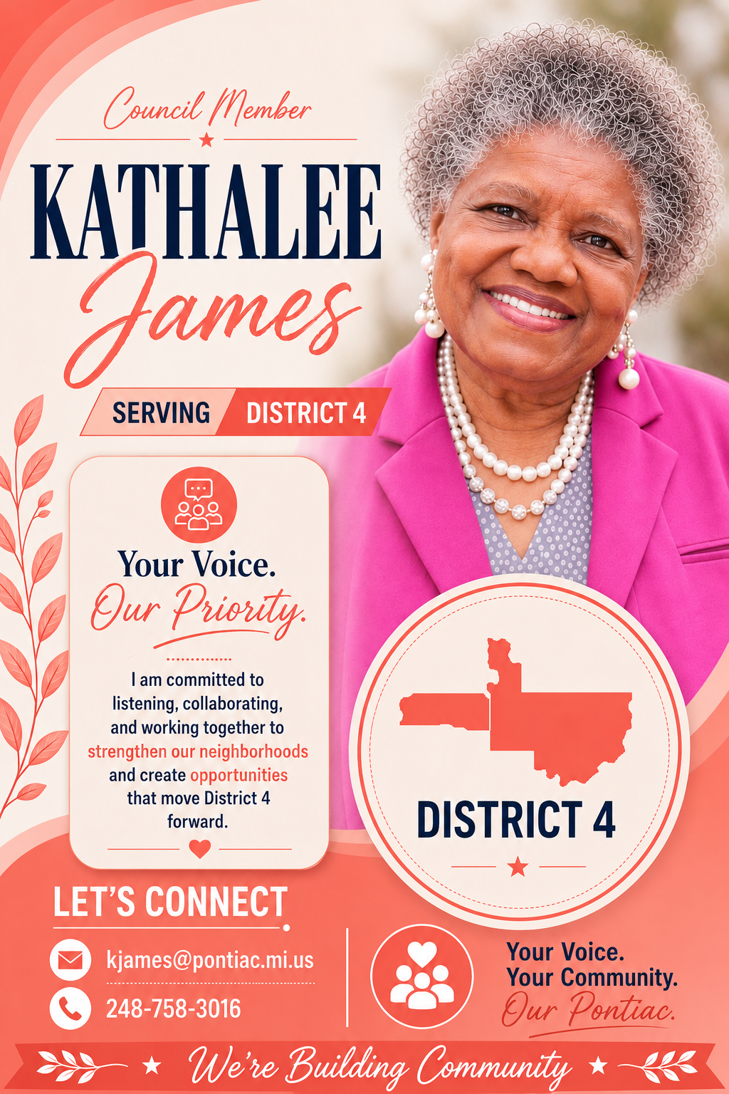 Informational flyer for Kathalee James, City Council Member — District 4