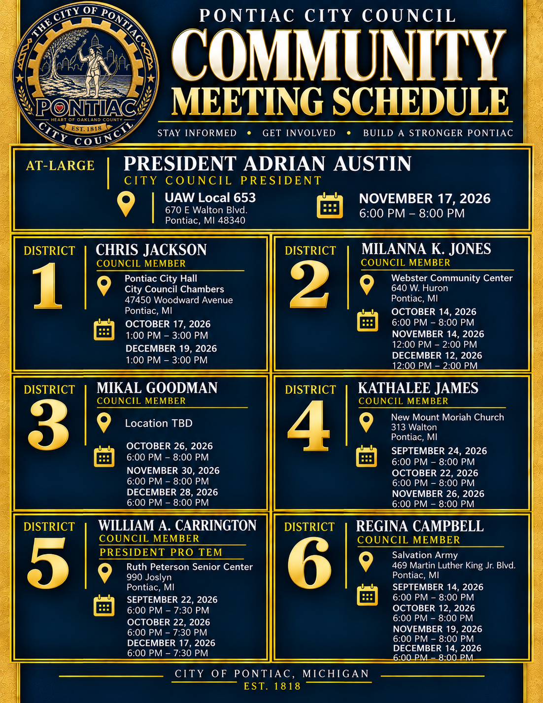 Pontiac City Council Community Meeting Schedule flyer listing at-large and district community meetings with locations, dates and times