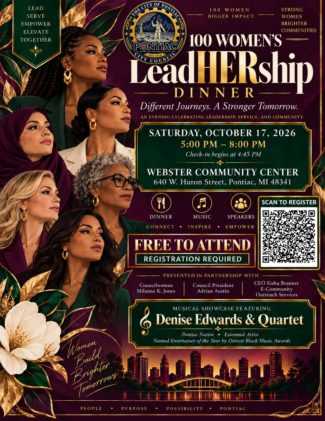 100 Women's LeadHERship Dinner flyer — Saturday, October 17, 2026, 5:00 to 8:00 PM at Webster Community Center