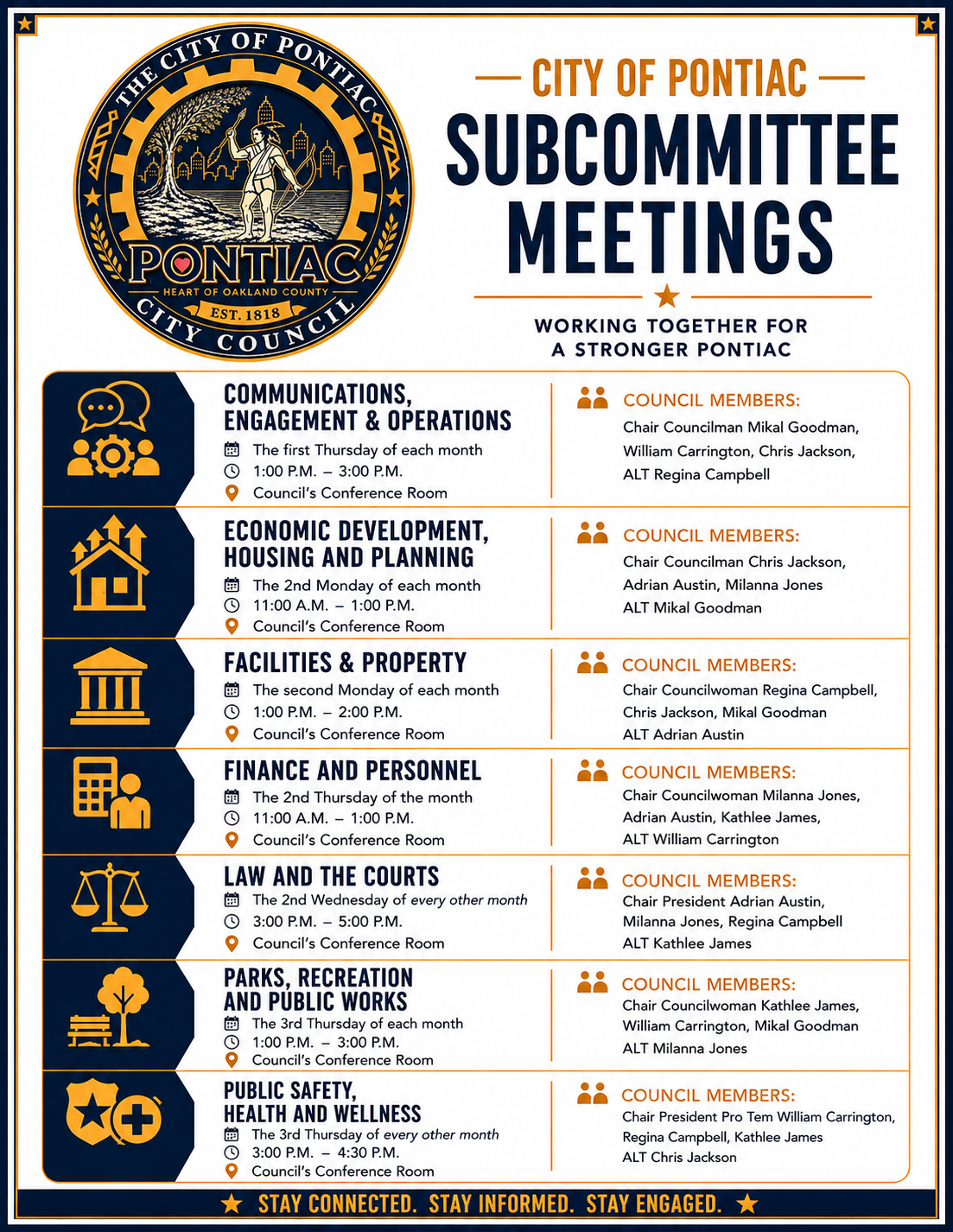 City of Pontiac subcommittee meetings flyer listing each committee's schedule, time, location and council members