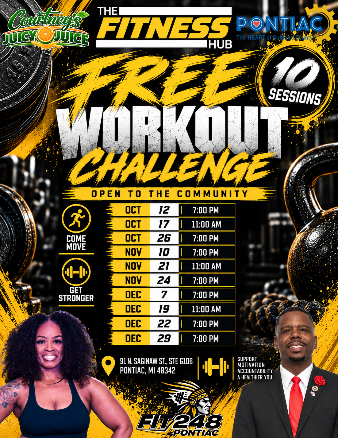 Free Workout Challenge flyer — 10 free sessions open to the community at The Fitness Hub, 91 N. Saginaw St., Ste G106, Pontiac, October through December 2026