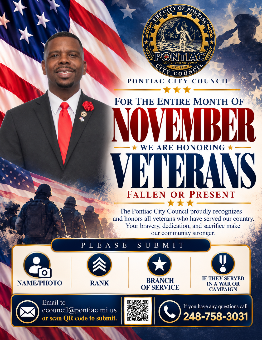 Pontiac City Council honoring veterans, fallen or present, for the entire month of November — submit name, photo, rank, branch of service, and war or campaign to ccouncil@pontiac.mi.us
