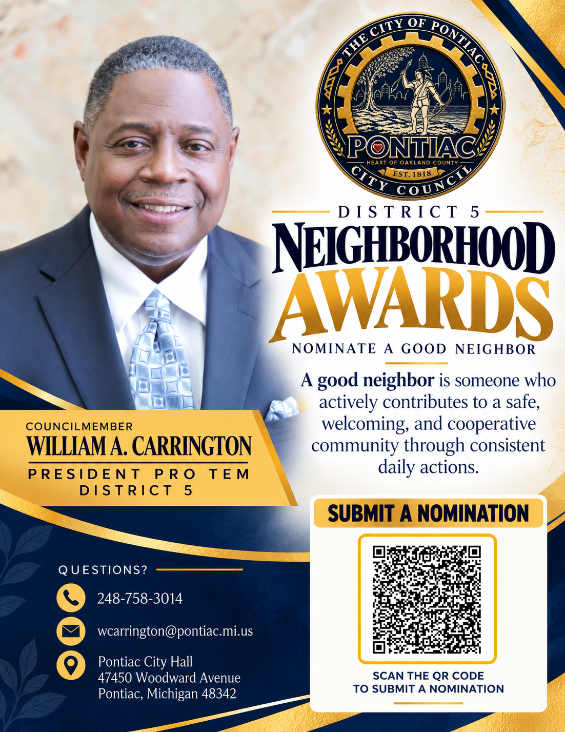 District 5 Neighborhood Awards flyer — nominate a good neighbor, with Councilmember William A. Carrington, President Pro Tem