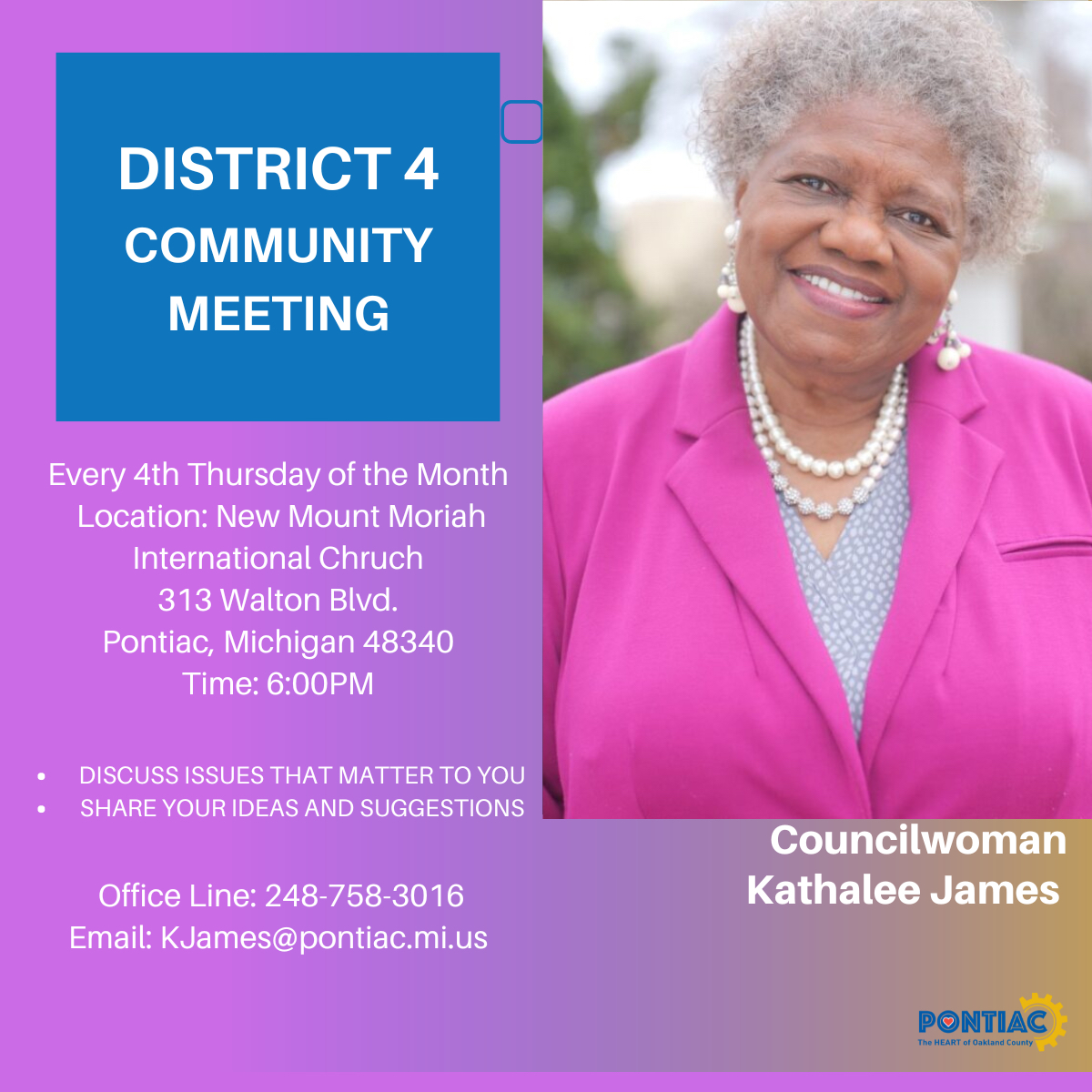 District 4 Community Meeting flyer with Councilwoman Kathalee James — every 4th Thursday of the month at 6 PM, New Mount Moriah International Church, 313 Walton Blvd